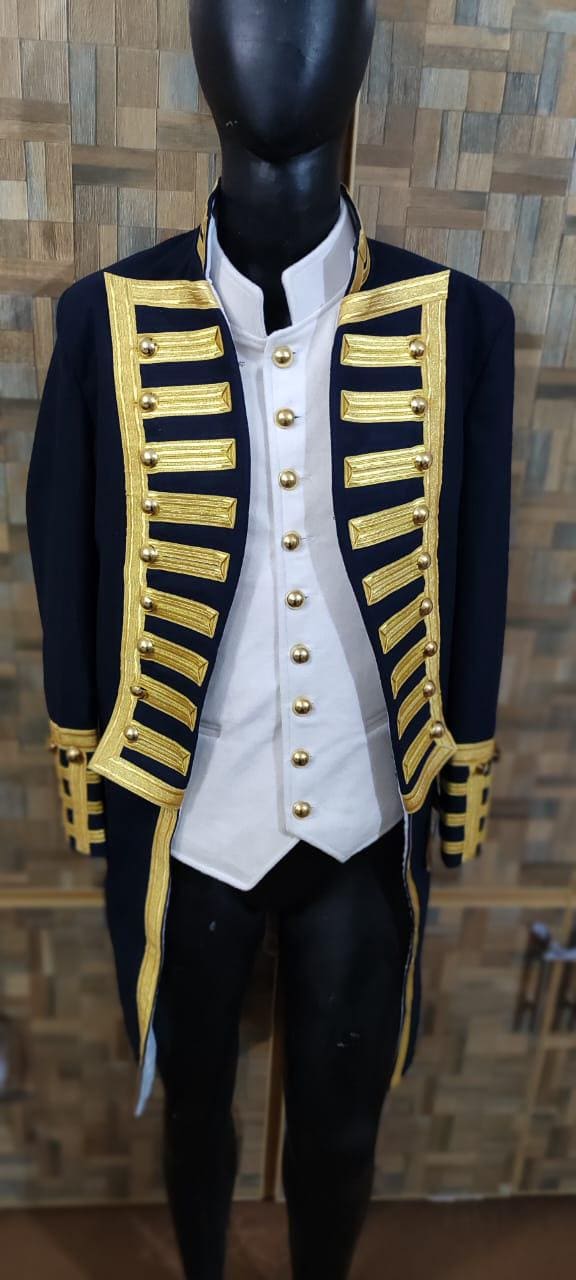 Napoleonic Naval Admiral Frock Coat & Waistcoat: Gold Braid, Wool Military Tailcoat