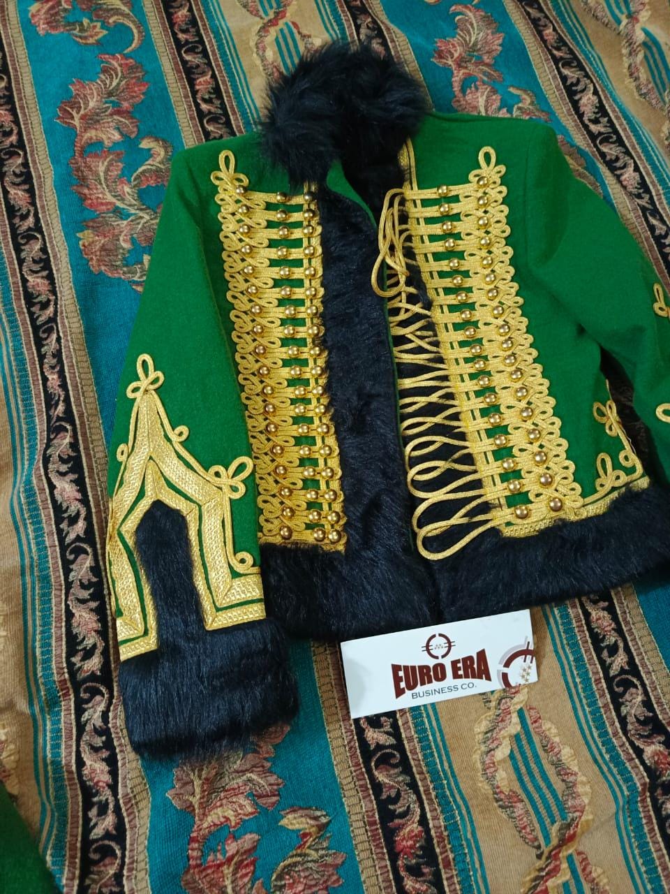 Napoleonic Hussars Pelisse: Green Wool Jacket, Mylar Braids