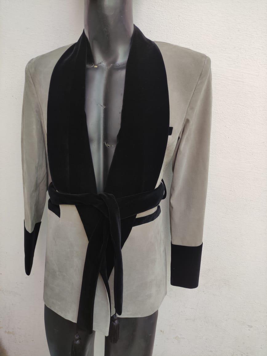New Gray Velvet Smoking Robe Coat Jacket Wedding Party Wear Robe Smoking COAT | Luxury Black & Grey Suit with Belt | Fashion Outerwear