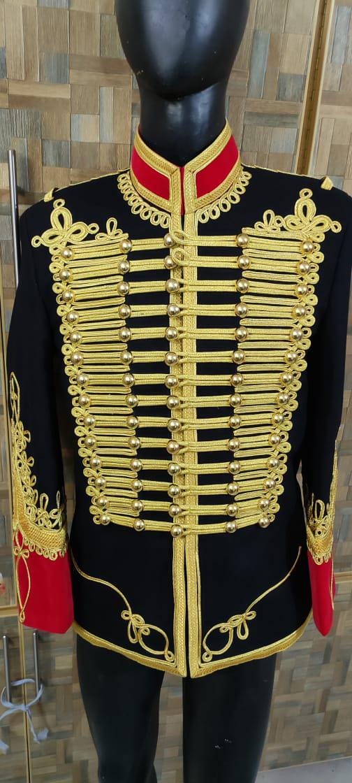 Napoleonic Hussars Military Jacket: Black Wool, Gold Braid Steampunk Tailcoat