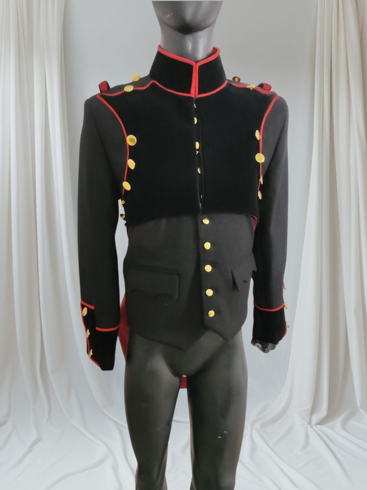 Vintage Military Parade Jacket: Black Wool Blend, Red Trim