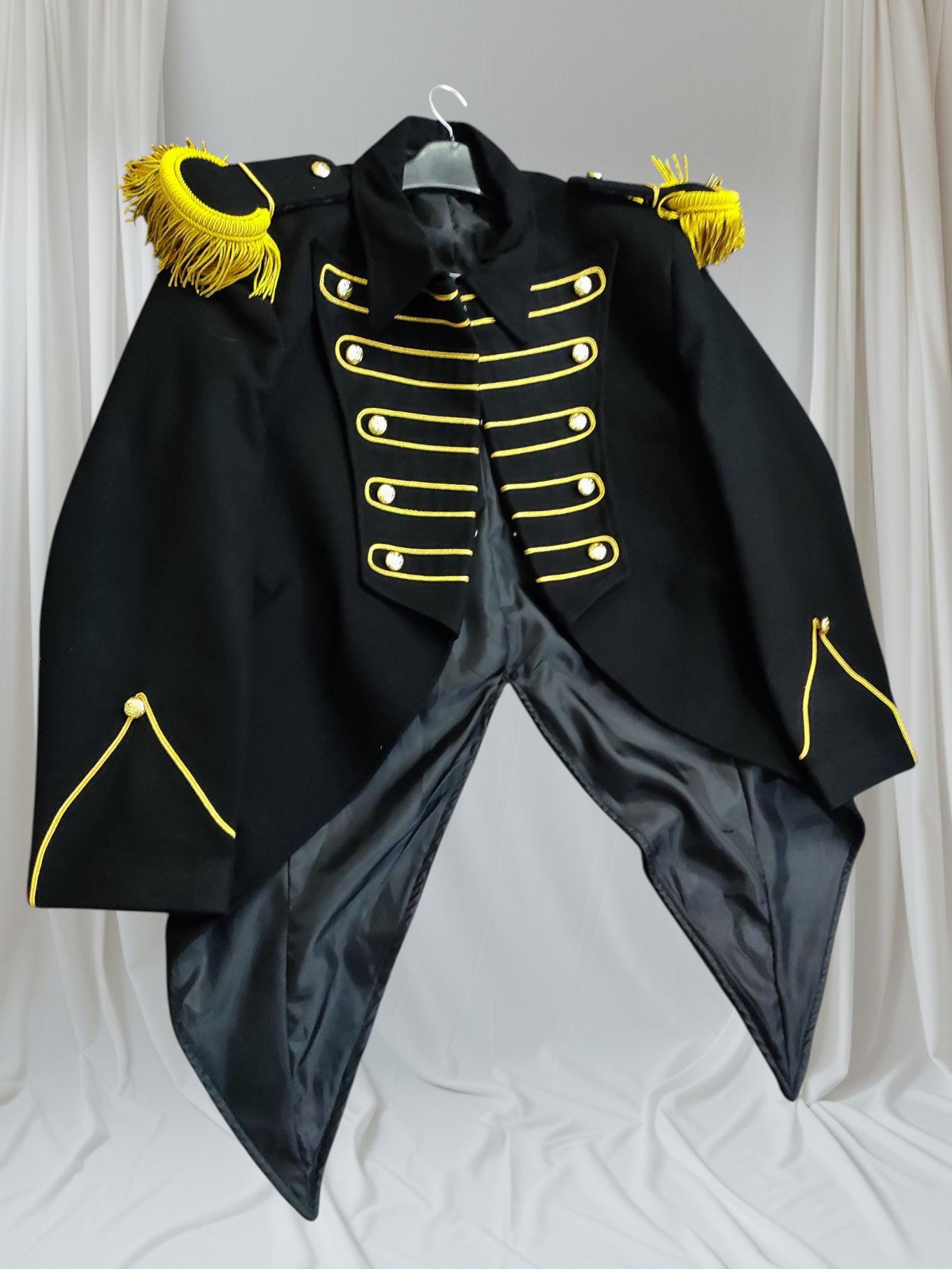 Wool Steampunk Gothic Tailcoat Jacket: Gold Braid, Epaulettes