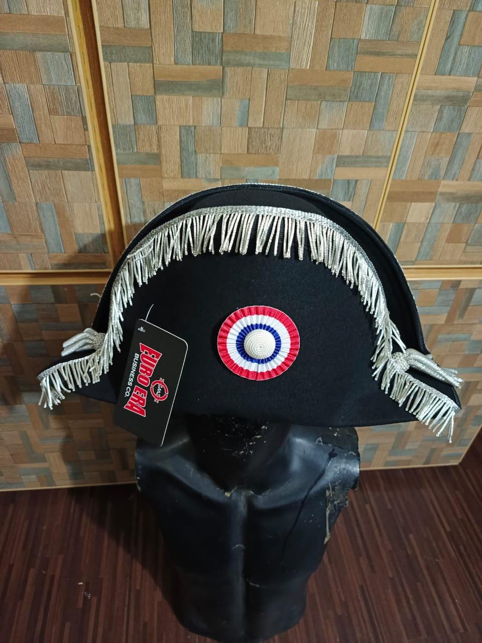 Napoleonic Bicorn Hat: Wool Felt, Silver Bullion Fringes