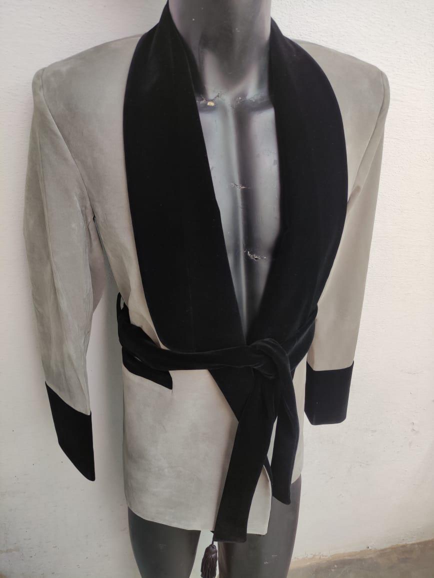 New Gray Velvet Smoking Robe Coat Jacket Wedding Party Wear Robe Smoking COAT | Luxury Black & Grey Suit with Belt | Fashion Outerwear