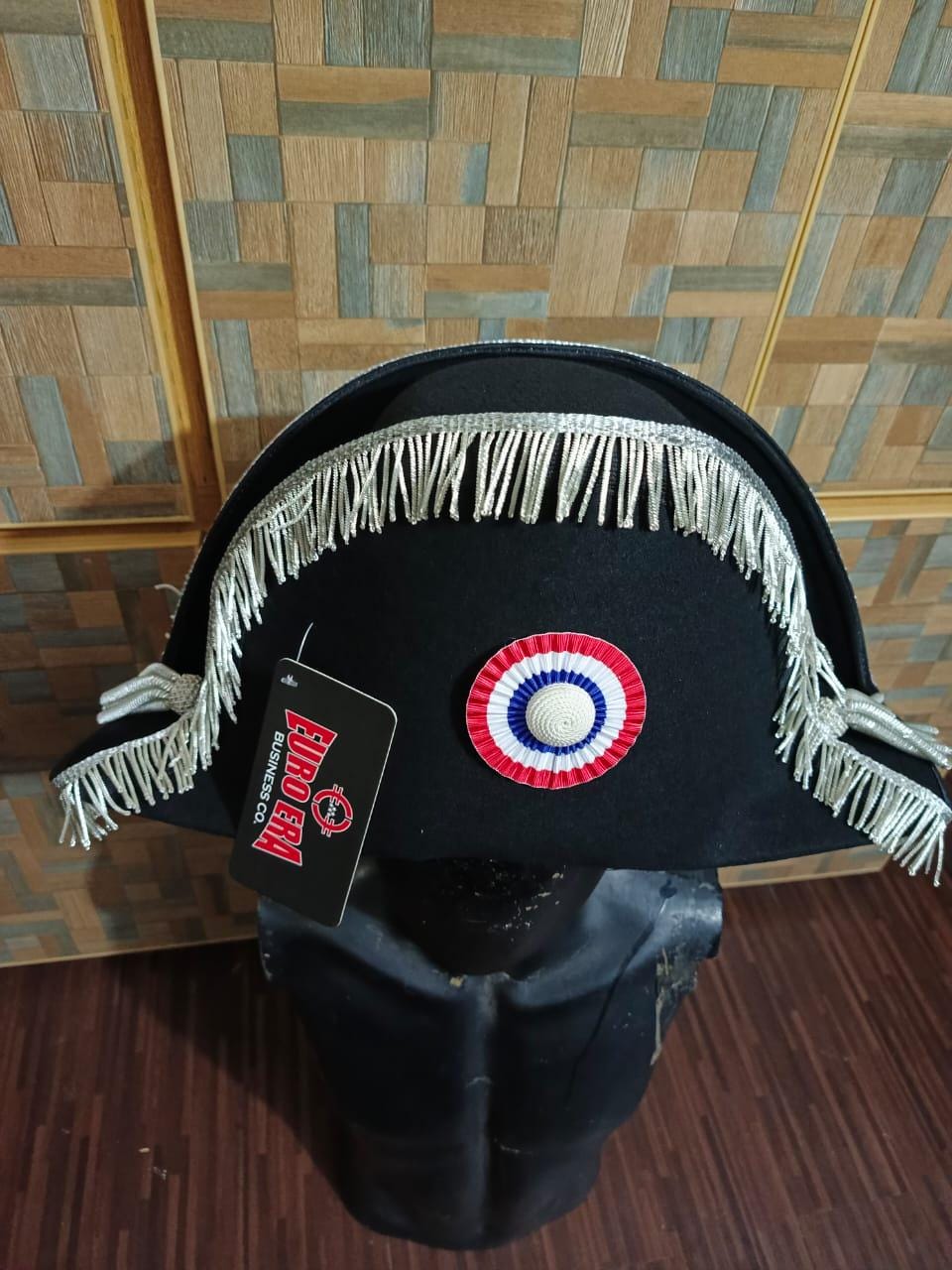 Napoleonic Bicorn Hat: Wool Felt, Silver Bullion Fringes