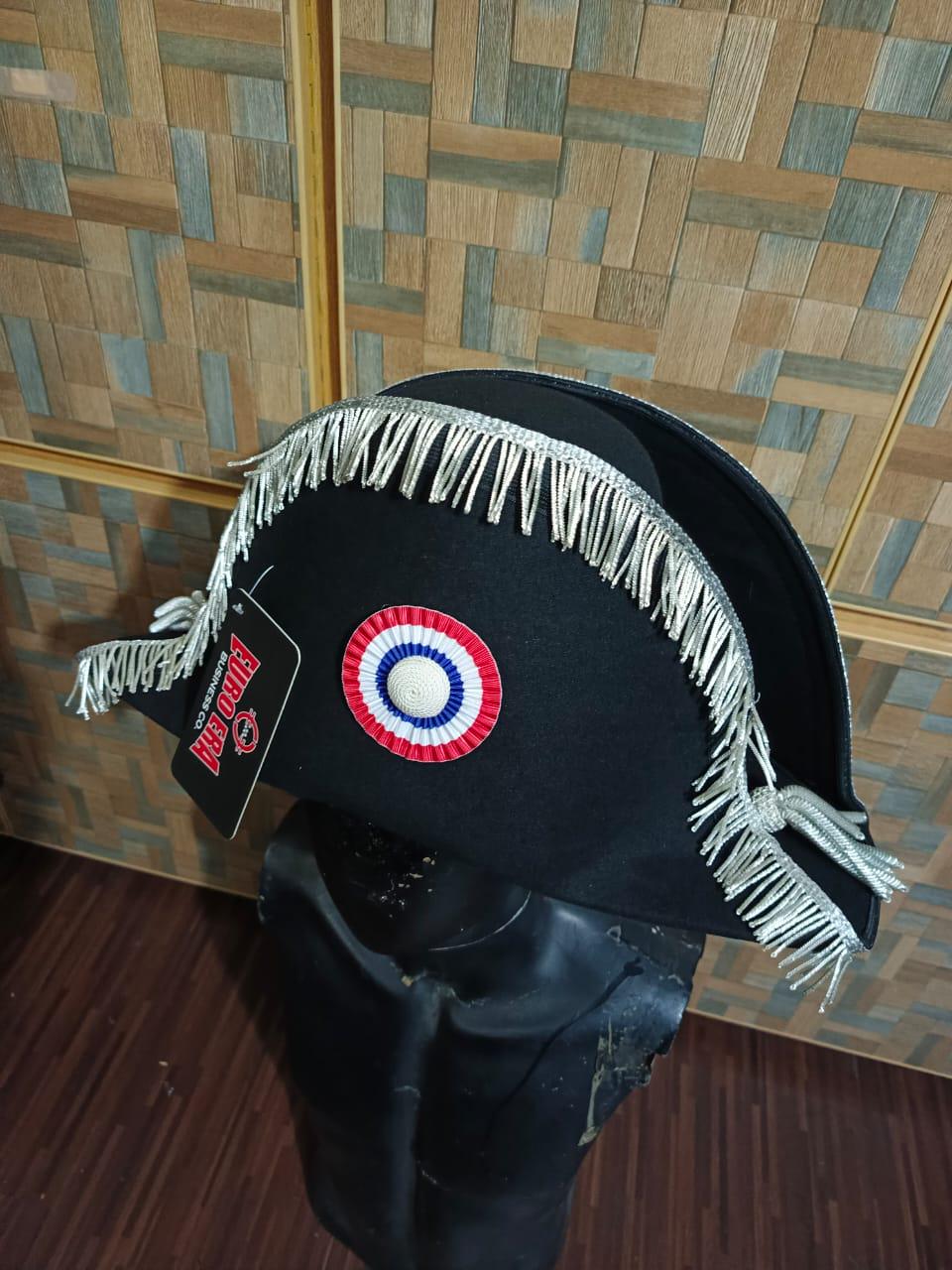 Napoleonic Bicorn Hat: Wool Felt, Silver Bullion Fringes