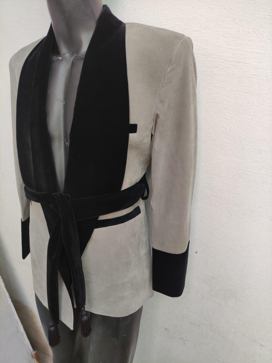 New Gray Velvet Smoking Robe Coat Jacket Wedding Party Wear Robe Smoking COAT | Luxury Black & Grey Suit with Belt | Fashion Outerwear