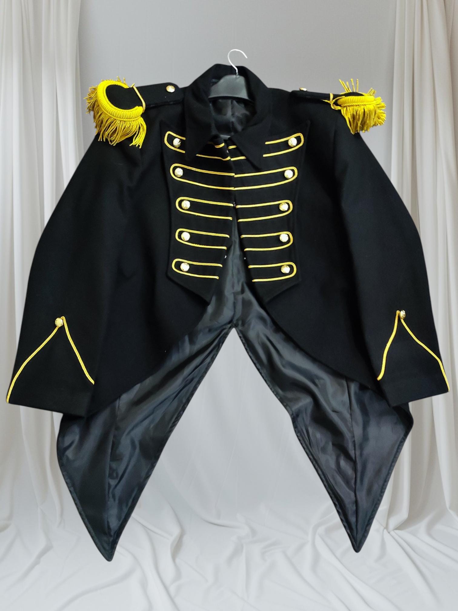 Wool Steampunk Gothic Tailcoat Jacket: Gold Braid, Epaulettes